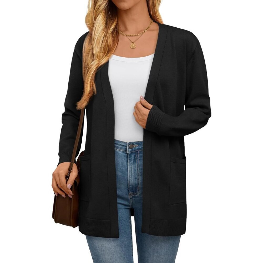Women's Long Knit Cardigan Sweater with Pockets Slim Fit Open Front